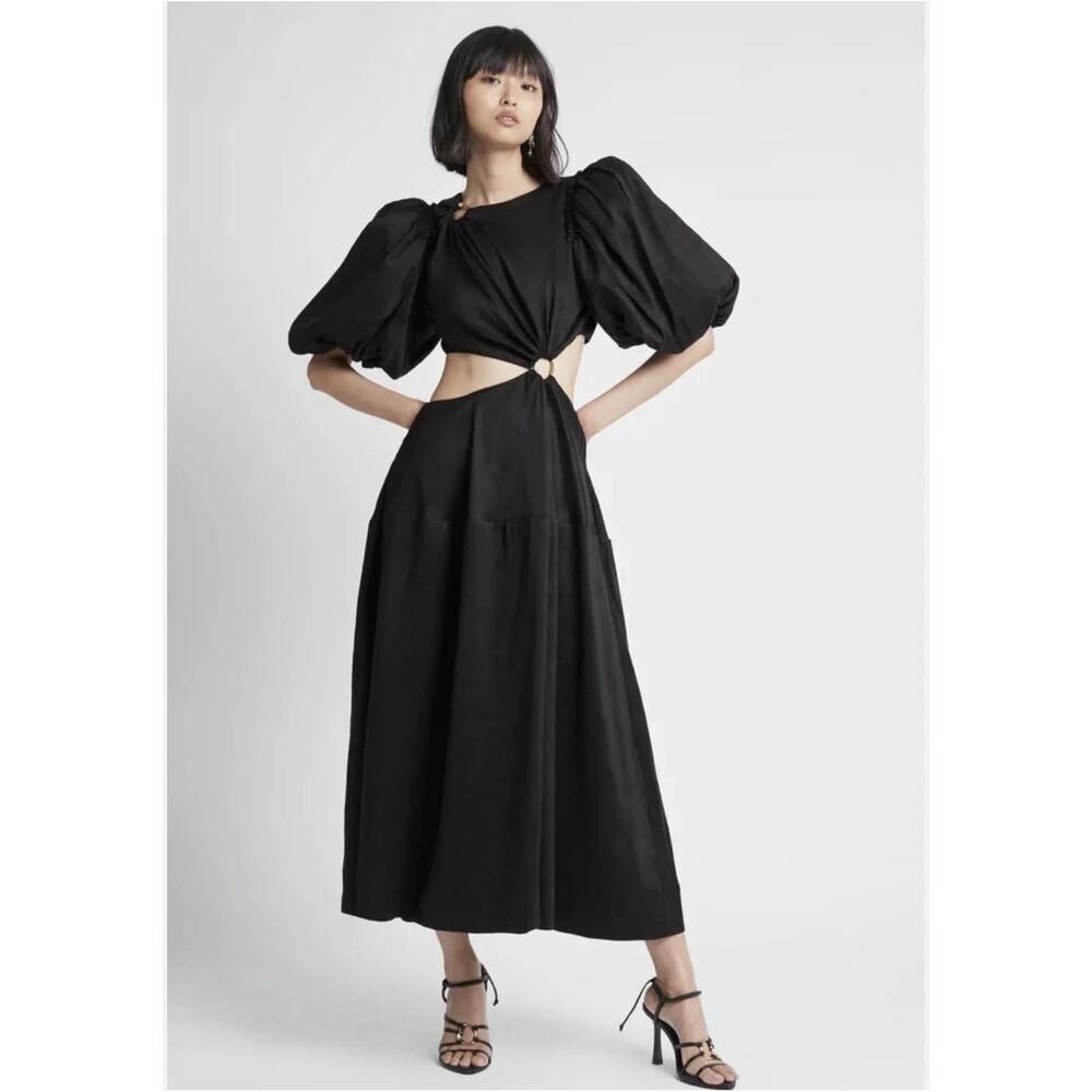 Aje Vanades Black Linen Blend Cut Out Ring Midi Dress US 0 AU 4 XS